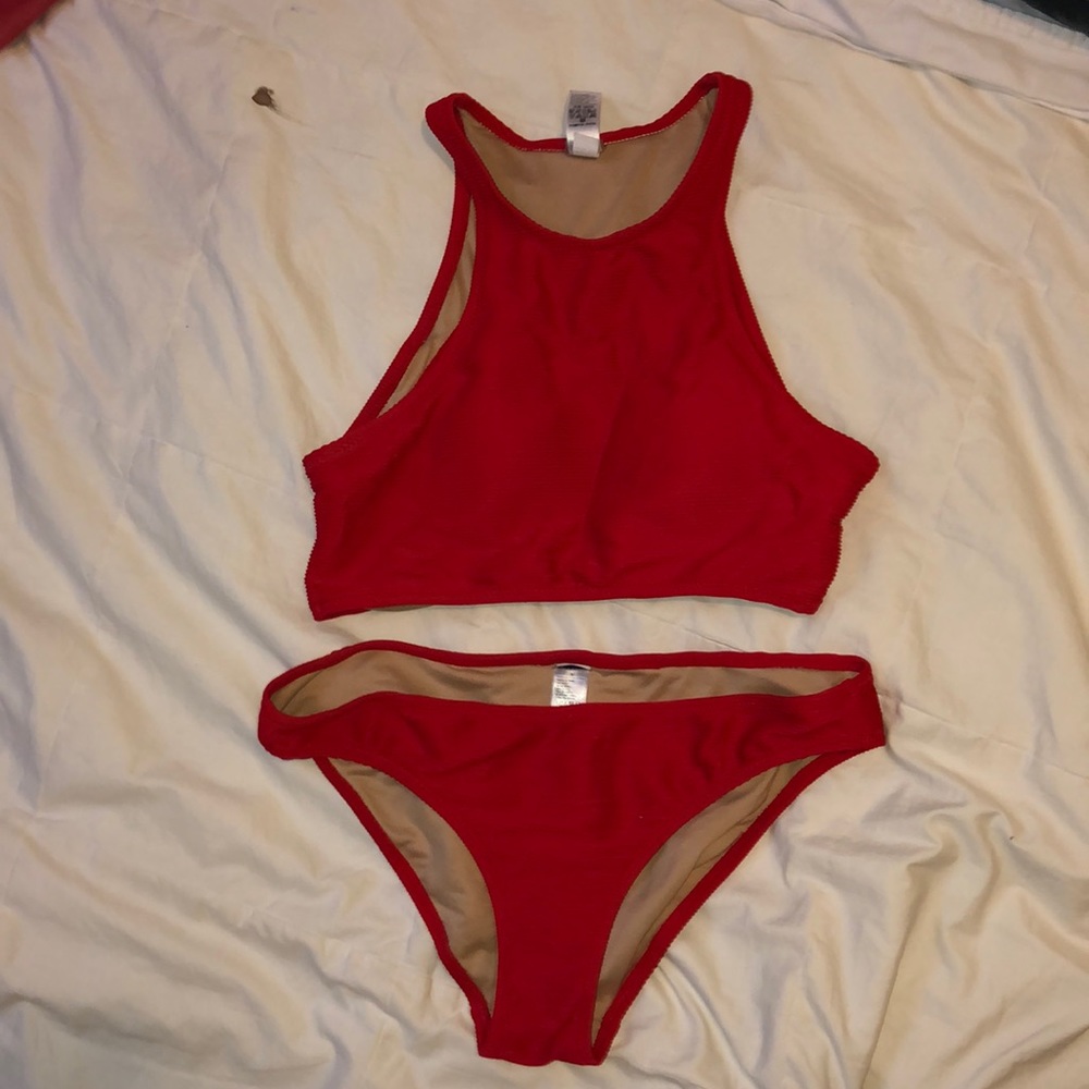 Red textured high neck bikini set